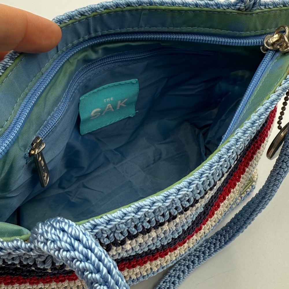 The Sak Crochet Stripe Shoulder Bag in Light Blue, Navy, Red, Cream - Picture 7 of 11